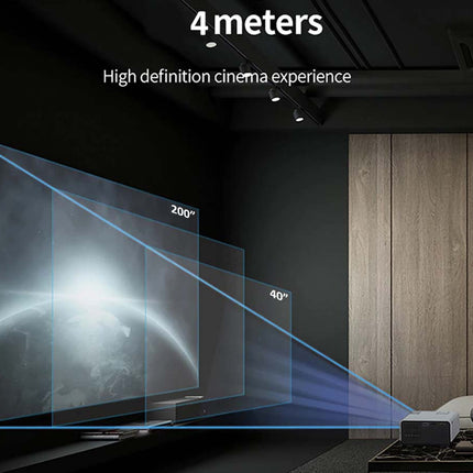 Home theater setup with a large screen displaying a high definition cinema experience, text indicating 4 meters.