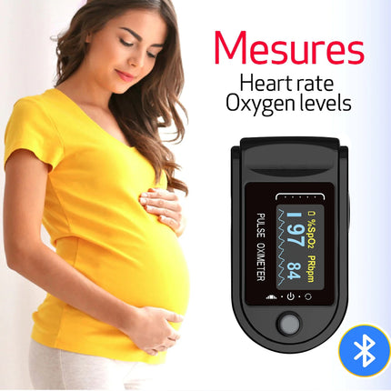 Pregnant woman with a pulse oximeter and text indicating it measures heart rate and oxygen levels.