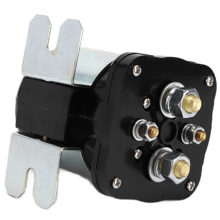 A black and silver electrical connector or terminal block with two silver metal mounting tabs and several silver and gold-colored terminal screws on a white background.