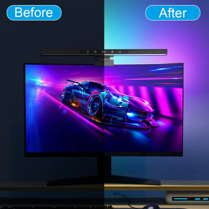 A computer monitor setup shown with a split before/after lighting demonstration. The left half is dark blue, and the right half glows with purple and blue neon light effects.