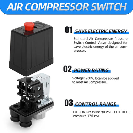 Air compressor switch with specifications on a white background