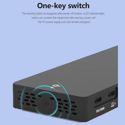 Black power supply unit with one-key switch feature on a blue background