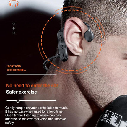 Person wearing a wireless earbud with safety features highlighted