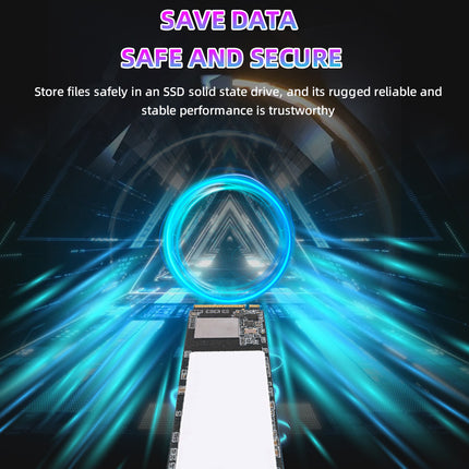 SSD solid state drive with glowing blue accents and text about data safety and security.