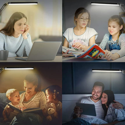 Collage of people using a lamp in various settings, including reading and using electronic devices.