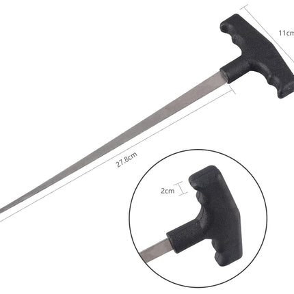 Black T-shaped tool with measurements on a white background