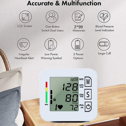 Blood pressure monitor with features listed on a light gray background