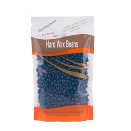 Packaged hard wax beans with clear front and brown and orange label on a white background