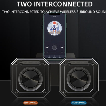 Two interconnected speakers with a smartphone displaying audio control app on a black background.