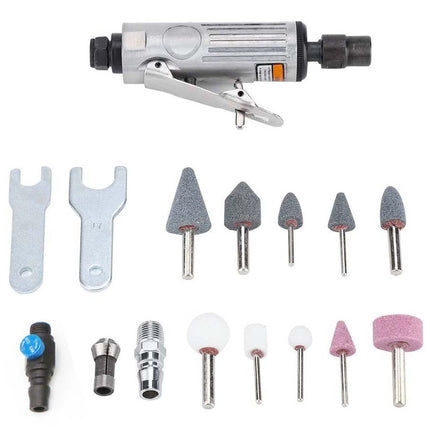 Pneumatic tool with various attachments on a white background