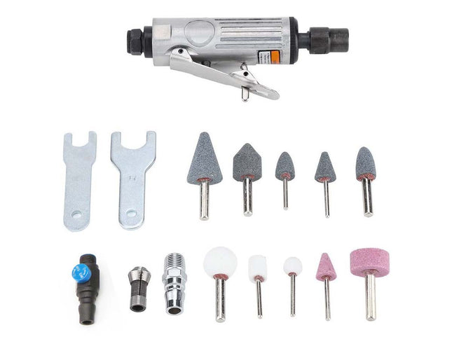 Pneumatic tool with various attachments on a white background