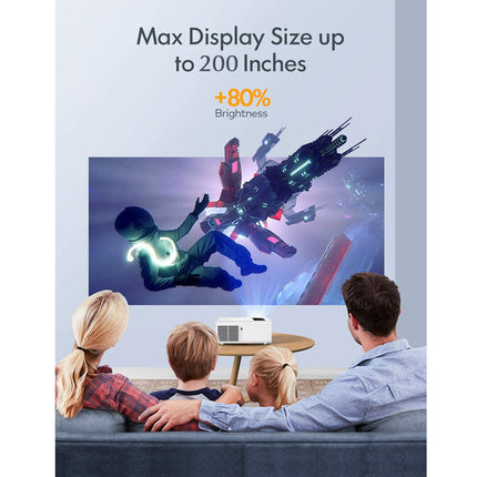 Family watching a movie on a large screen with text about display size and brightness.