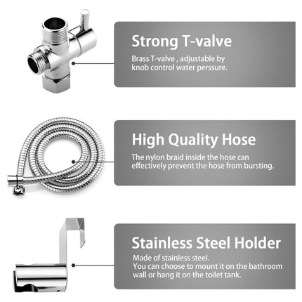 Brass T-valve, high quality hose, and stainless steel holder with features highlighted on a white background.