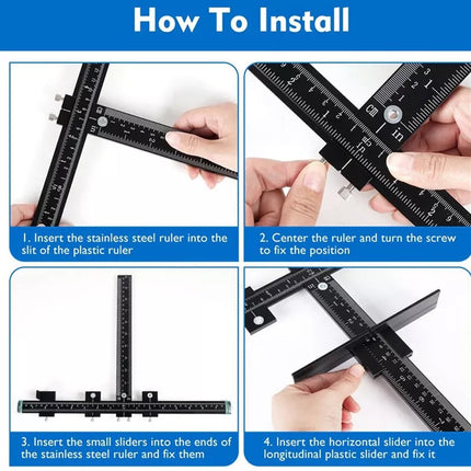 Instruction diagram titled 'How To Install' showing four steps with hands assembling a black metal ruler against a white background with blue text boxes.