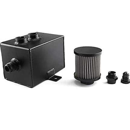 A black metal fuel tank filter assembly with a cylindrical pleated filter element and two black connector caps, shown on a plain white background.
