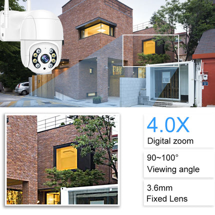White dome security camera shown with architectural exterior examples and feature text reading 4.0X Digital zoom, 90-100° Viewing angle, and 3.