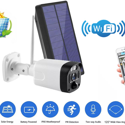 Solar-powered outdoor security camera with smartphone app, solar panel, and connectivity icons on a white background.