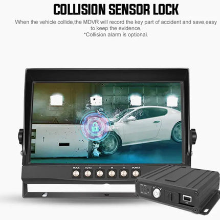 Car monitoring system with screen displaying a car accident and text about collision sensor lock.