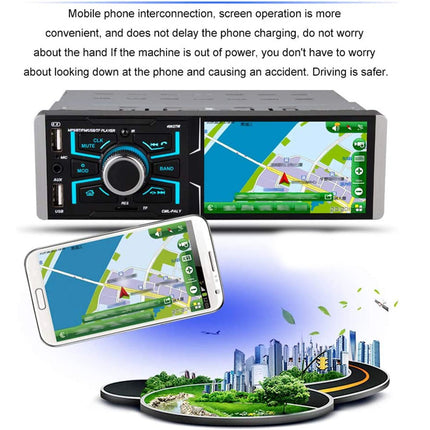 Car multimedia system with screen displaying navigation and smartphone showing similar app, with text about phone interconnection and safety.