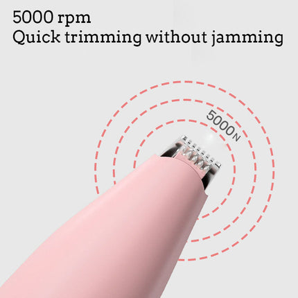 Pink hair trimmer with text about speed and performance on a light gray background