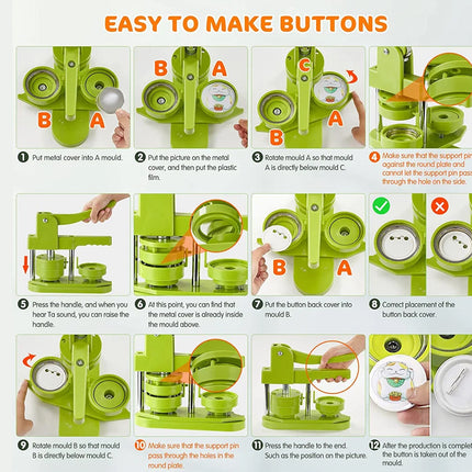 Instructions for making buttons using a green tool on a white background