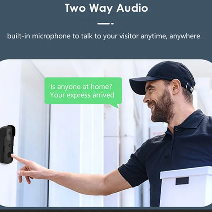 Person using a doorbell with two-way audio feature, showing text 'Is anyone at home? Your express arrived'.