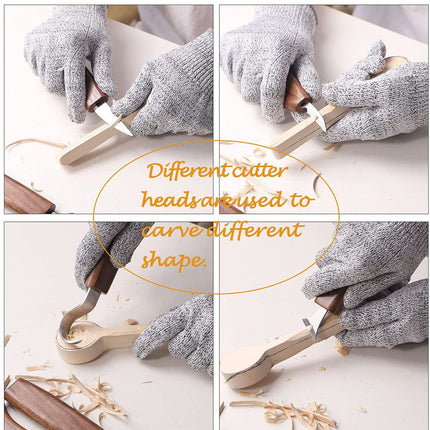 Four-panel demonstration showing a person wearing gray knit gloves using a wooden carving tool with different carved cutter heads on a light surface, with wood shavings and an orange text overlay explaining different cutter heads create different shapes.