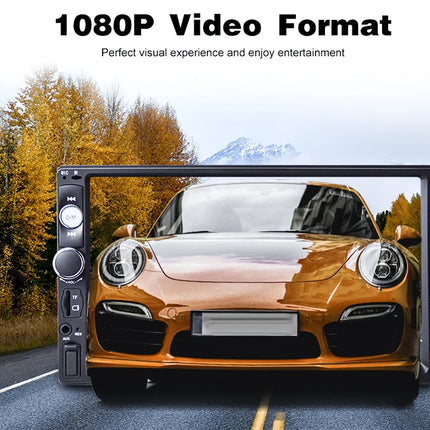 Car on a road with a screen displaying a car, surrounded by trees and mountains.