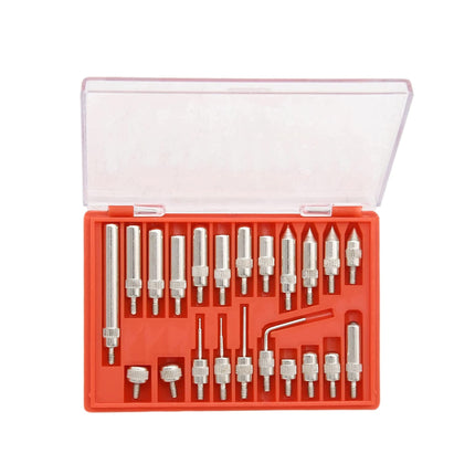 Set of drill bits in a red and clear plastic case on a white background