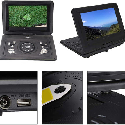 Portable DVD player with screen displaying nature scenes, control panel, and ports on a white background.