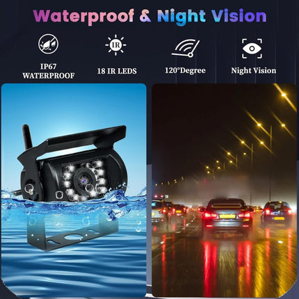 Camera with waterproof and night vision features, shown in water and on a road at night.