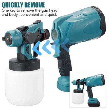 A teal and black cordless paint sprayer shown on a white background with instructional text reading 'QUICKLY REMOVE' and a small inset showing the tool with its battery. The main product is the spray gun and attached white paint cup.