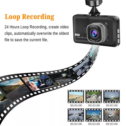 Car dashboard camera with loop recording feature on a white background