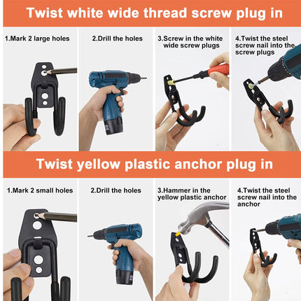 Step-by-step guide on installing white wide thread screw plugs and yellow plastic anchors with tools.