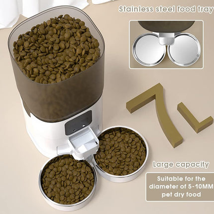 Pet food dispenser with two compartments filled with food, on a beige background.