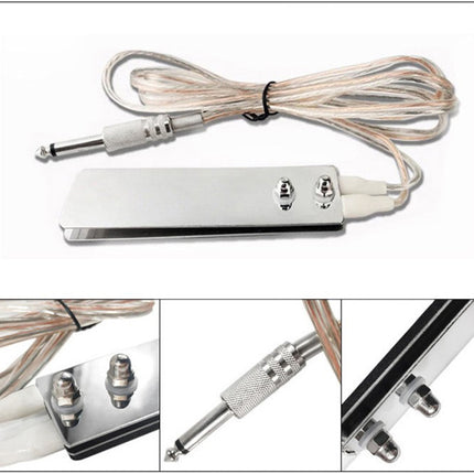 A silver metal audio jack adapter with a coiled beige cable, shown on a white background with three detail inset images at the bottom showing close-ups of the plug, connector, and cable connections.