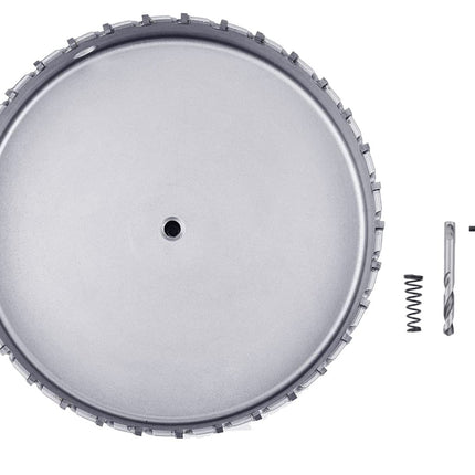 Circular saw blade with a wrench on a white background