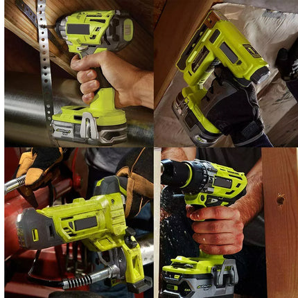 A four-panel collage showing a cordless drill/driver being used in construction settings, with a hand gripping the tool and the drill shown from multiple angles. The product color is primarily bright yellow-green with black and gray details.