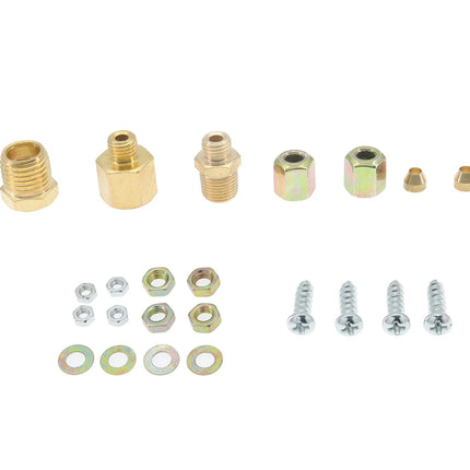 Collection of brass and metal hardware components on a white background