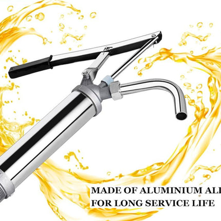 Hand pump with oil splashes on a white background, labeled 'Made of Aluminium Alloy for Long Service Life'.