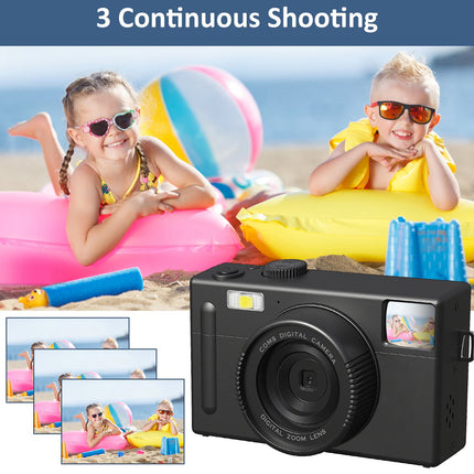 Digital camera with '3 Continuous Shooting' feature displayed on a beach scene with children.