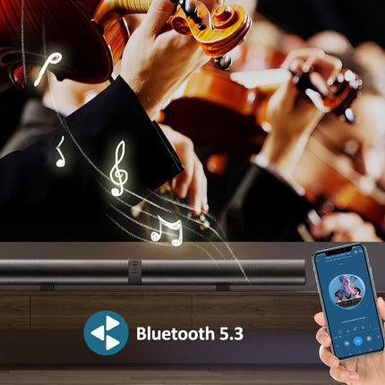 Smartphone with Bluetooth 5.3 app displayed in front of a concert scene with musicians playing string instruments.