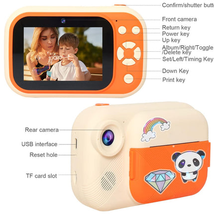 A children's toy camera shown on a white background with callout lines labeling parts such as the front camera, rear camera, USB interface, reset hole, TF card slot, confirm/shutter button, and other keys. The camera has a cream body with bright orange side panels and cartoon graphics including a panda and diamond on the front.