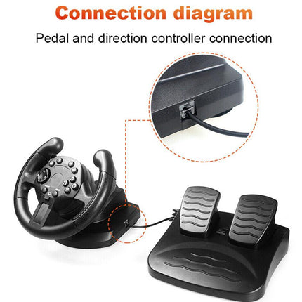 Connection diagram showing a black steering wheel controller connected to a black pedal base with two pedals, with a circular inset highlighting the cable connection.