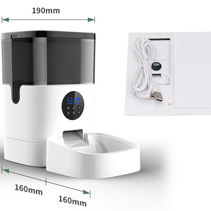 Pet water fountain with dimensions and cable on a white background