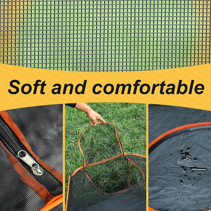 A promotional collage for a soft, comfortable trampoline mat. The top half shows the green mesh material, with a yellow banner reading 'Soft and comfortable'.