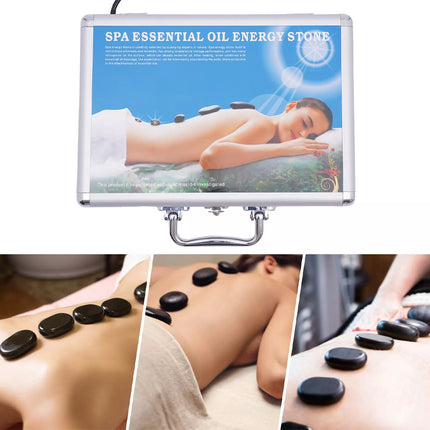 Spa essential oil energy stone product with images of stones on a person's back.