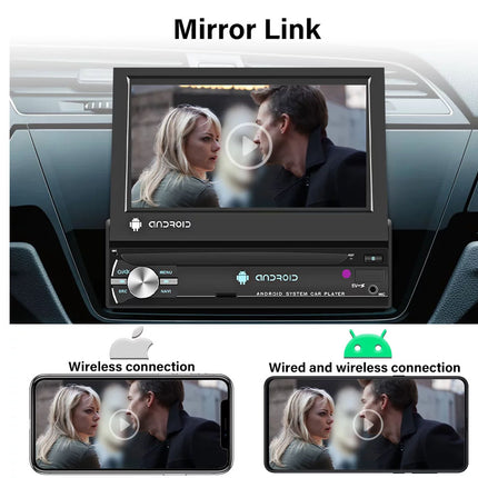 Car multimedia system with screen displaying a couple, labeled 'Mirror Link' with connection options.