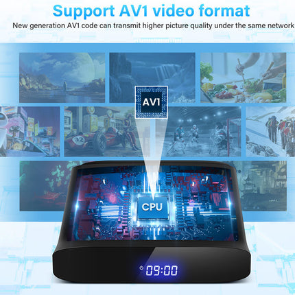 Digital clock with AV1 video format support on a blue background