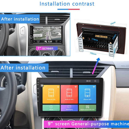 Before and after installation of a car multimedia system with different screen sizes.